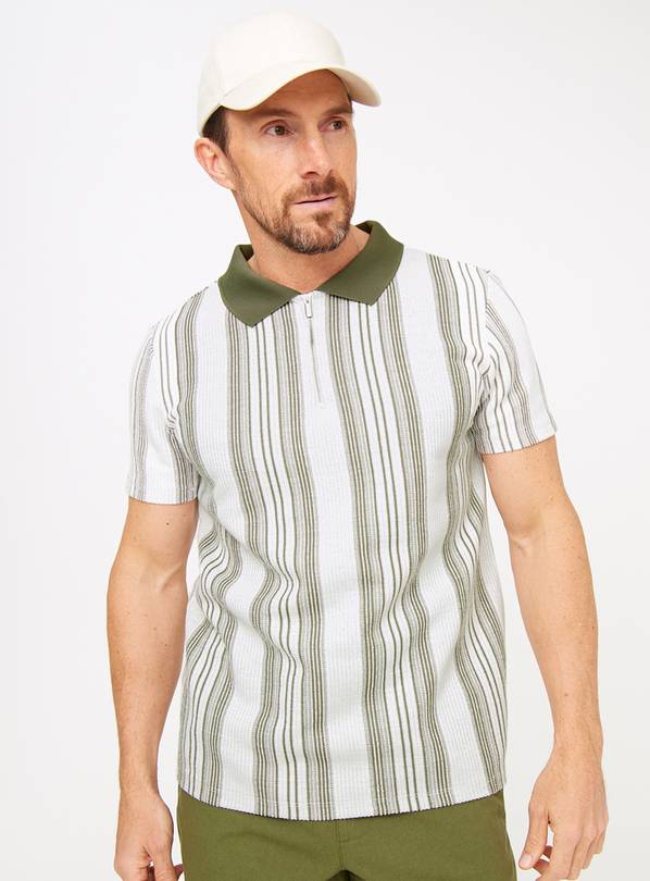 Khaki Vertical Stripe Zip Polo Shirt XL